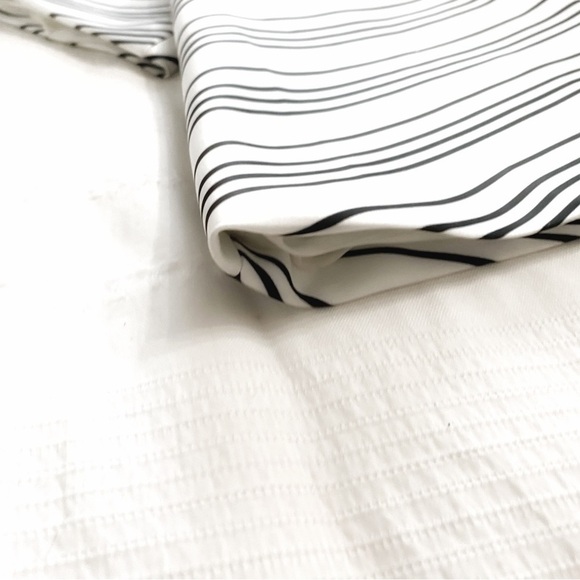 Amur WHITE BLACK SATIN STRIPED HALTER OFF THE SHOULDER LONG BELL SLEEVE DRESS - Picture 12 of 12